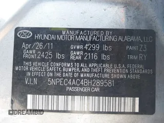 2011 Hyundai Sonata Limited with VIN 5NPEC4AC4BH289581, listed as a IAAI auction lot 41243023 with 129,972 mi miles and . Bid and sale history available at DreamBid. Image 9.