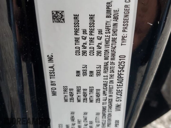 2023 Tesla Model 3 с VIN 5YJ3E1EA0PF542510, выставлен на аукционе Copart как лот 58259985 с пробегом 18 819 миль миль и Списание • Salvage title. История ставок и продаж доступна на DreamBid. Изображение 12.