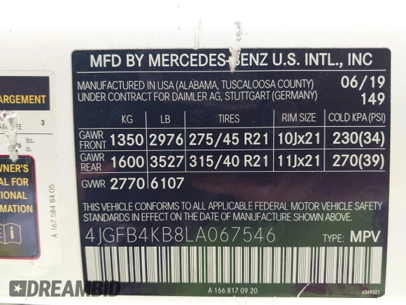 2020 Mercedes-Benz GLE 350 with VIN 4JGFB4KB8LA067546, listed as a IAAI auction lot 42498557 with 104,645 mi miles and . Bid and sale history available at DreamBid. Image 9.
