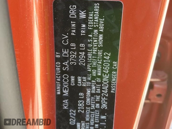 2022 Kia Forte LXS with VIN 3KPF24AD0NE460142, listed as a Copart auction lot 48759123 with 28,500 mi miles and Salvage Title. Bid and sale history available at DreamBid. Image 12.