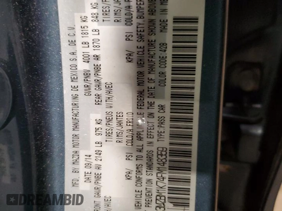 2015 Mazda 3 i Sport with VIN 3MZBM1K74FM148359, listed as a Copart auction lot 50294705 with 50,830 mi miles and Salvage Title. Bid and sale history available at DreamBid. Image 13.