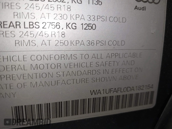 2013 Audi allroad A4 Premium Plus with VIN WA1UFAFL0DA182154, listed as a IAAI auction lot 41517280 with 135,967 mi miles and . Bid and sale history available at carsss.com. Image 9.
