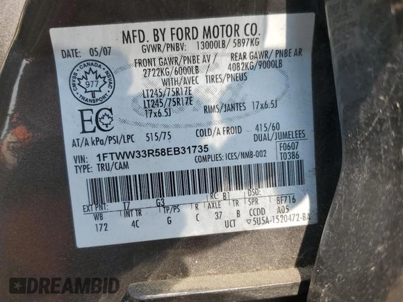 2008 Ford F-350 XL с VIN 1FTWW33R58EB31735, выставлен на аукционе Copart как лот 60285705 с пробегом 342 134 миль миль и Чистый • Clean title. История ставок и продаж доступна на DreamBid. Изображение 12.