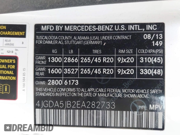 2014 Mercedes-Benz M 350 with VIN 4JGDA5JB2EA282733, listed as a IAAI auction lot 42070426 with 148,513 mi miles and . Bid and sale history available at DreamBid. Image 9.