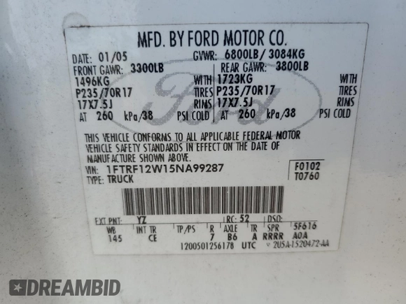2005 Ford F-150 XL with VIN 1FTRF12W15NA99287, listed as a Copart auction lot 88585395 with 188,488 mi miles and Salvage Title. Bid and sale history available at carsss.com. Image 12.