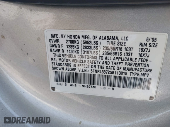 2005 Honda Odyssey EX-L with VIN 5FNRL38725B113815, listed as a IAAI auction lot 42754724 with 179,214 mi miles and . Bid and sale history available at DreamBid. Image 9.