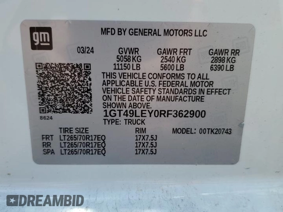 2024 GMC Sierra 2500HD Pro with VIN 1GT49LEY0RF362900, listed as a Copart auction lot 60833535 with Not provided miles and Salvage title. Bid and sale history available at DreamBid. Image 12.