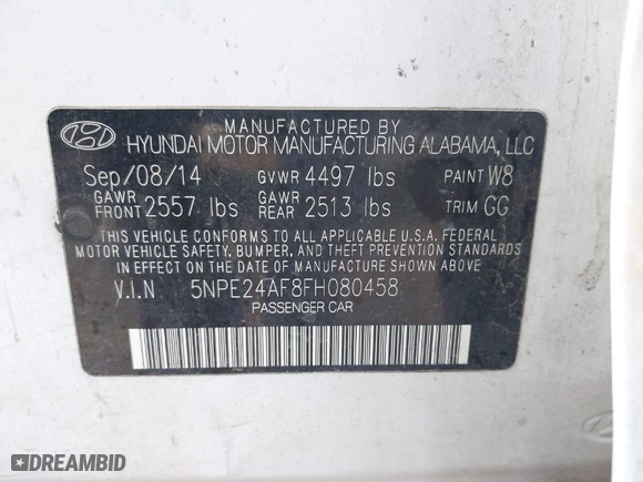 2015 Hyundai Sonata 2.4L SE with VIN 5NPE24AF8FH080458, listed as a IAAI auction lot 41131729 with 205,310 mi miles. Bid and sale history available at carsss.com. Image 9.