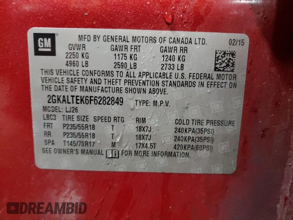 2015 GMC Terrain SLT with VIN 2GKALTEK6F6282849, listed as a Copart auction lot 46996305 with 83,216 mi miles and Salvage title. Bid and sale history available at DreamBid. Image 13.
