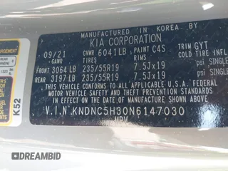 2022 Kia Carnival EX with VIN KNDNC5H30N6147030, listed as a IAAI auction lot 41902515 with 54,137 mi miles and . Bid and sale history available at carsss.com. Image 9.