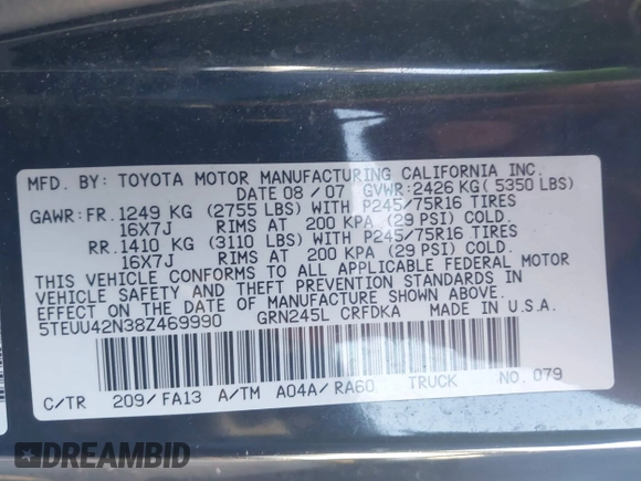 2008 Toyota Tacoma with VIN 5TEUU42N38Z469990, listed as a IAAI auction lot 41819343 with 230,056 mi miles and . Bid and sale history available at carsss.com. Image 9.