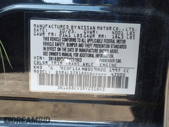 2024 Nissan Sentra SV with VIN 3N1AB8CV5RY231843, listed as a IAAI auction lot 42069460 with 11,619 mi miles and . Bid and sale history available at DreamBid. Image 9.