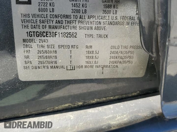 2015 GMC Canyon 4WD SLT z VIN 1GTG6CE30F1182562, wystawiony jako Copart lot #55382605 z przebiegiem 97 183 mil mil oraz Szkoda całkowita • Salvage title. Historia ofert i sprzedaży dostępna na DreamBid. Obrazek 12.