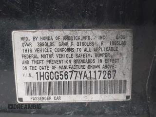 2000 Honda Accord SE with VIN 1HGCG5677YA117267, listed as a IAAI auction lot 42340016 with Not provided miles and . Bid and sale history available at DreamBid. Image 9.