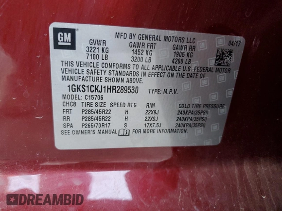 2017 GMC Yukon Denali with VIN 1GKS1CKJ1HR289530, listed as a Copart auction lot 85644374 with 131,614 mi miles and Salvage Title. Bid and sale history available at carsss.com. Image 13.