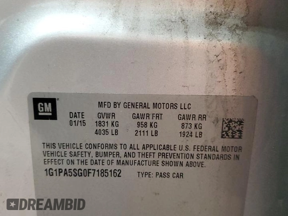 2015 Chevrolet Cruze LS with VIN 1G1PA5SG0F7185162, listed as a Copart auction lot 57080495 with 63,811 mi miles and Salvage Title. Bid and sale history available at DreamBid. Image 13.