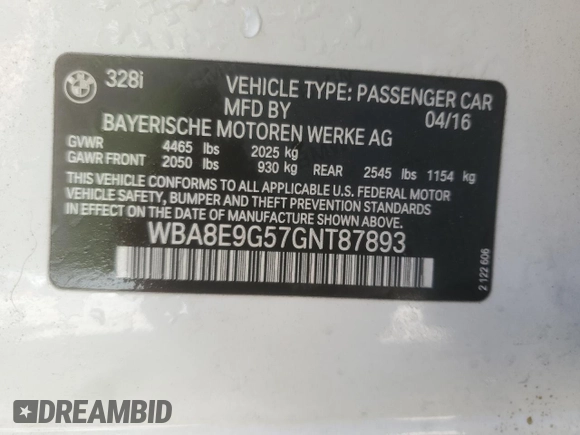 2016 BMW 3 Series 328i with VIN WBA8E9G57GNT87893, listed as a Copart auction lot 53308885 with 81,947 mi miles and Clean Title. Bid and sale history available at carsss.com. Image 12.