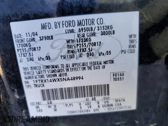 2005 Ford F-150 STX with VIN 1FTRX14WX5NA48994, listed as a Copart auction lot 46695035 with 253,055 mi miles and Salvage Title. Bid and sale history available at carsss.com. Image 12.
