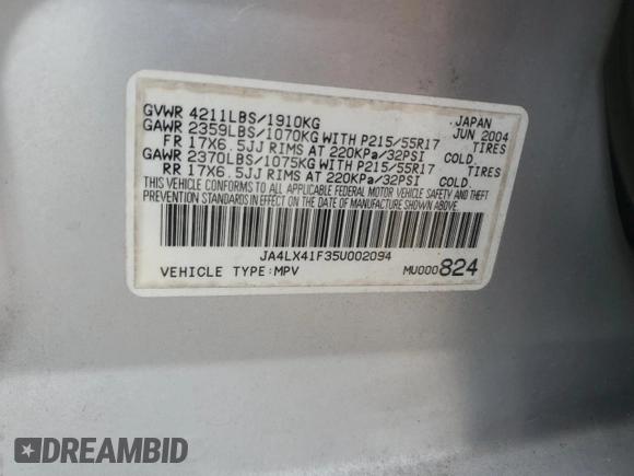 2005 Mitsubishi Outlander XLS with VIN JA4LX41F35U002094, listed as a Copart auction lot 42575725 with 276,096 mi miles and Salvage Title. Bid and sale history available at carsss.com. Image 13.
