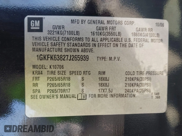 2007 GMC Yukon Denali z VIN 1GKFK63827J265939, wystawiony jako IAAI lot #42120148 z przebiegiem 203 459 mil mil oraz . Historia ofert i sprzedaży dostępna na DreamBid. Obrazek 9.