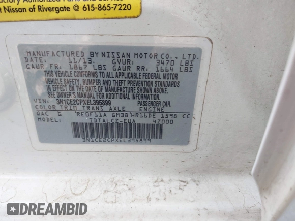 2014 Nissan Note SV with VIN 3N1CE2CPXEL395899, listed as a IAAI auction lot 41923275 with 149,730 mi miles and . Bid and sale history available at DreamBid. Image 9.