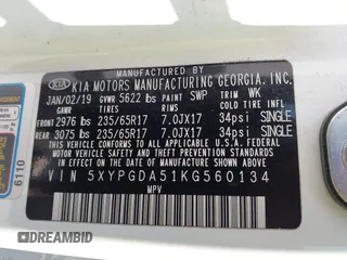 2019 Kia Sorento LX with VIN 5XYPGDA51KG560134, listed as a IAAI auction lot 42567418 with 112,494 mi miles and . Bid and sale history available at DreamBid. Image 9.