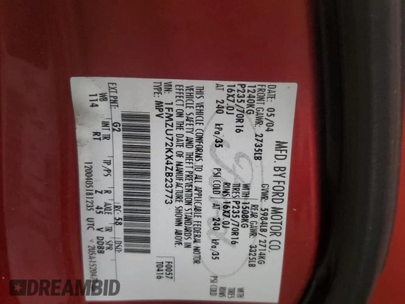 2004 Ford Explorer XLS z VIN 1FMZU72KX4ZB23773, wystawiony jako Copart lot #57514435 z przebiegiem 205 557 mil mil oraz Szkoda całkowita • Salvage title. Historia ofert i sprzedaży dostępna na DreamBid. Obrazek 12.