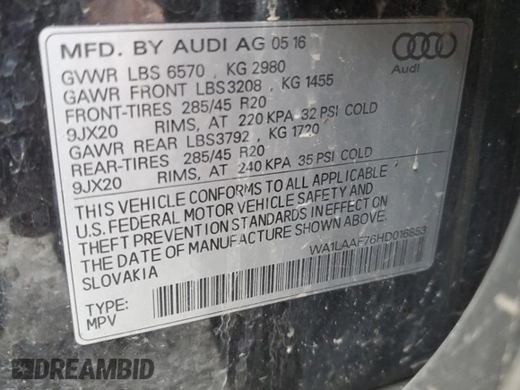 2017 Audi Q7 Premium Plus with VIN WA1LAAF76HD016853, listed as a Copart auction lot 87131584 with 0 mi miles and Salvage Title. Bid and sale history available at carsss.com. Image 13.