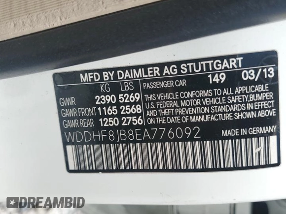 2014 Mercedes-Benz E 350 Luxury with VIN WDDHF8JB8EA776092, listed as a Copart auction lot 61545825 with 92,996 mi miles and Salvage title. Bid and sale history available at DreamBid. Image 12.