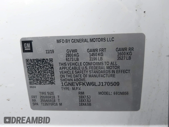 2020 Chevrolet Traverse LS with VIN 1GNEVFKW6LJ170509, listed as a IAAI auction lot 41880533 with 117,850 mi miles. Bid and sale history available at carsss.com. Image 9.