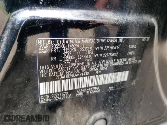 2018 Toyota RAV4 XLE with VIN 2T3WFREV0JW484430, listed as a Copart auction lot 55878455 with 132,335 mi miles and Salvage title. Bid and sale history available at DreamBid. Image 13.
