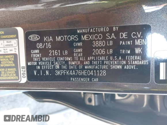 2017 Kia Forte LX with VIN 3KPFK4A76HE041128, listed as a IAAI auction lot 41897924 with 46,035 mi miles. Bid and sale history available at carsss.com. Image 9.