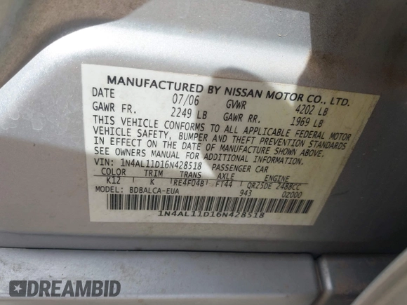 2006 Nissan Altima 2.5 S with VIN 1N4AL11D16N428518, listed as a IAAI auction lot 41917353 with 182,184 mi miles. Bid and sale history available at carsss.com. Image 9.