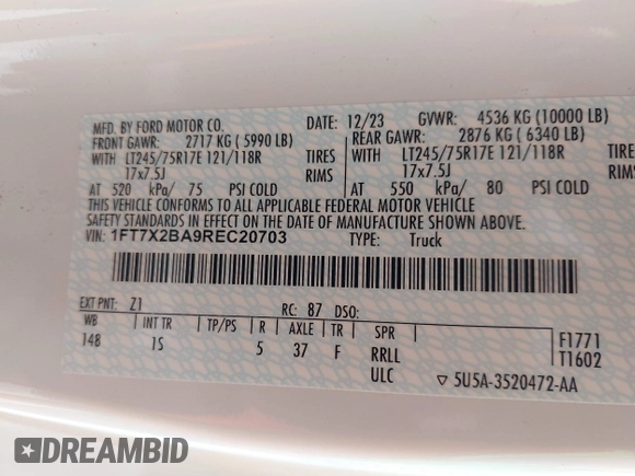 2024 Ford F-250 XL with VIN 1FT7X2BA9REC20703, listed as a IAAI auction lot 42271124 with Not provided miles and . Bid and sale history available at DreamBid. Image 9.