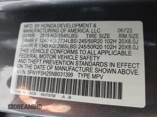 2022 Honda Pilot Special Edition with VIN 5FNYF5H25NB031399, listed as a IAAI auction lot 41638517 with 34,239 mi miles and . Bid and sale history available at carsss.com. Image 9.