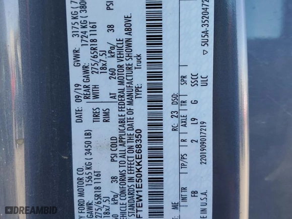 2019 Ford F-150 XL with VIN 1FTEW1E50KKE68350, listed as a Copart auction lot 45692975 with 137,155 mi miles and Salvage Title. Bid and sale history available at carsss.com. Image 14.