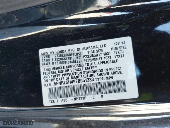 2015 Honda Odyssey EX with VIN 5FNRL5H49FB051333, listed as a IAAI auction lot 41633089 with 271,557 mi miles. Bid and sale history available at carsss.com. Image 9.