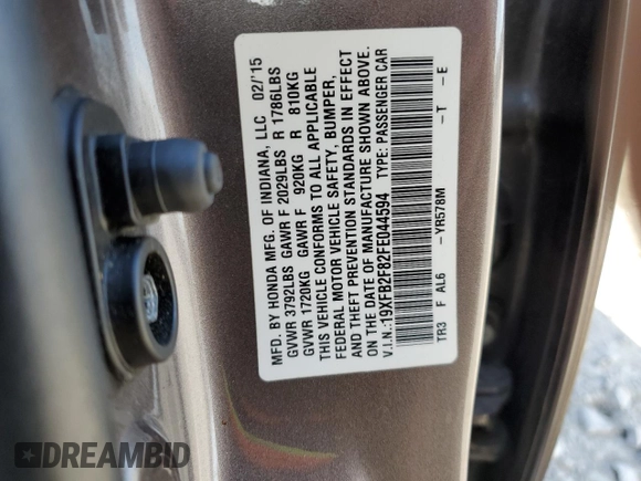 2015 Honda Civic EX with VIN 19XFB2F82FE044594, listed as a Copart auction lot 49884945 with 82,094 mi miles and Salvage Title. Bid and sale history available at DreamBid. Image 12.