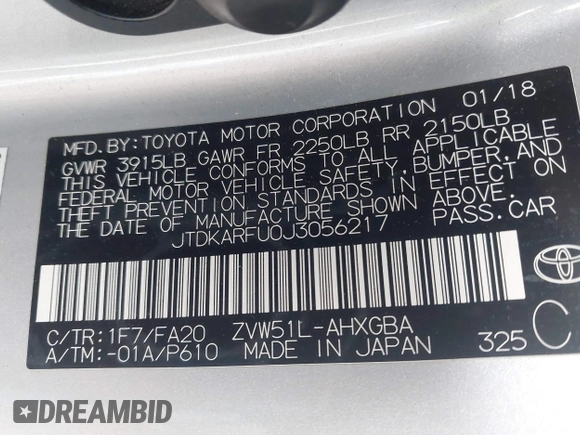 2018 Toyota Prius Two with VIN JTDKARFU0J3056217, listed as a IAAI auction lot 42185122 with 52,344 mi miles and . Bid and sale history available at DreamBid. Image 9.
