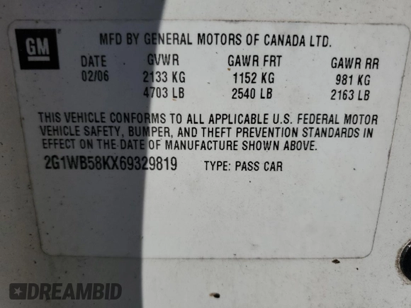 2006 Chevrolet Impala LS with VIN 2G1WB58KX69329819, listed as a Copart auction lot 75569454 with 222,374 mi miles and Salvage Title. Bid and sale history available at DreamBid. Image 12.
