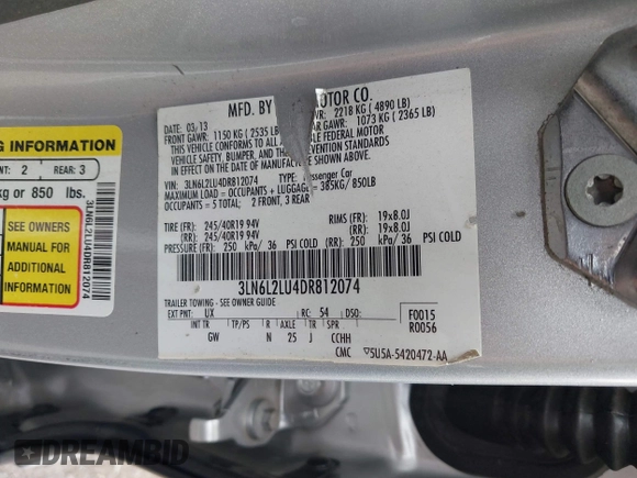 2013 Lincoln MKZ Hybrid с VIN 3LN6L2LU4DR812074, выставлен на аукционе IAAI как лот 41718862 с пробегом 248 449 миль миль и . История ставок и продаж доступна на DreamBid. Изображение 9.
