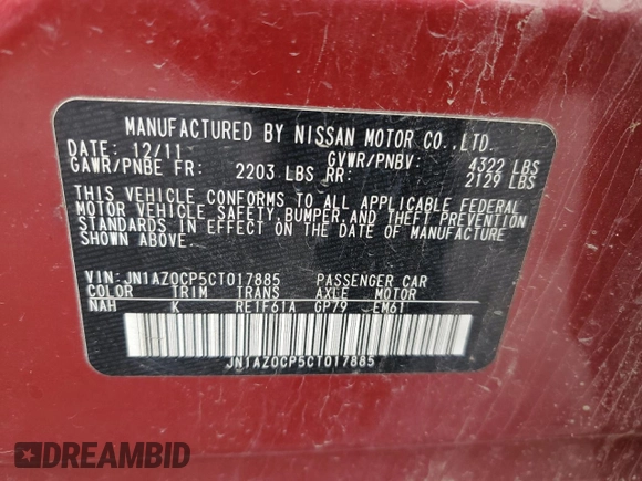 2012 Nissan LEAF SL with VIN JN1AZ0CP5CT017885, listed as a Copart auction lot 48780335 with 56,663 mi miles and Clean Title. Bid and sale history available at carsss.com. Image 13.