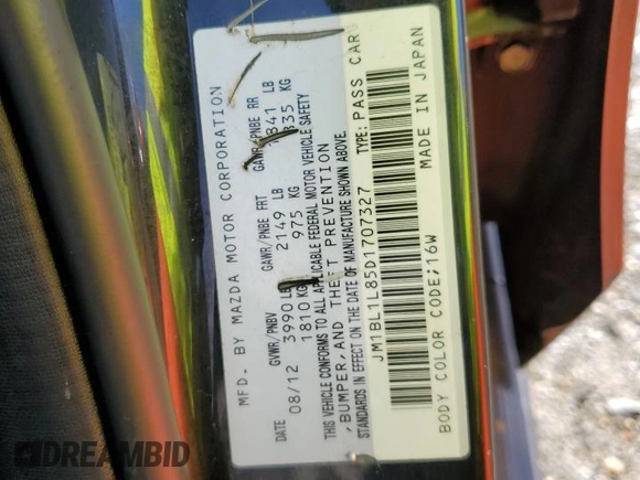 2013 Mazda 3 i Touring with VIN JM1BL1L85D1707327, listed as a Copart auction lot 84554514 with 134,704 mi miles and Salvage title. Bid and sale history available at DreamBid. Image 12.