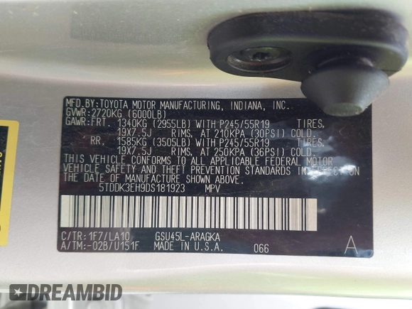 2013 Toyota Highlander Limited with VIN 5TDDK3EH9DS181923, listed as a IAAI auction lot 42139593 with 320,605 mi miles and . Bid and sale history available at DreamBid. Image 9.