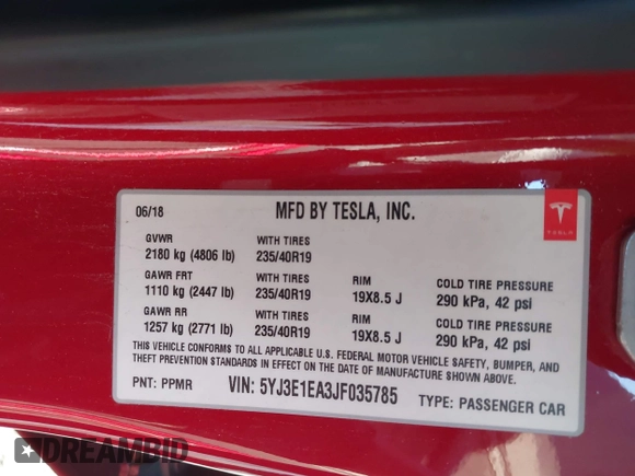 2018 Tesla Model 3 Long Range Battery with VIN 5YJ3E1EA3JF035785, listed as a IAAI auction lot 41986774 with 33,965 mi miles and . Bid and sale history available at DreamBid. Image 9.