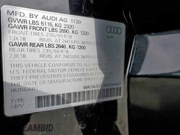 2021 Audi Q3 Premium z VIN WA1AUCF33M1058867, wystawiony jako Copart lot #56708705 z przebiegiem 55 658 mil mil oraz Szkoda całkowita • Salvage title. Historia ofert i sprzedaży dostępna na DreamBid. Obrazek 13.