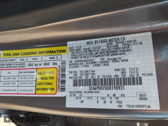 2013 Ford Fusion SE with VIN 3FA6P0H70DR190921, listed as a IAAI auction lot 42258039 with Not provided miles and . Bid and sale history available at DreamBid. Image 9.