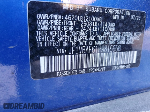 2023 Subaru WRX Premium with VIN JF1VBAF61P9815658, listed as a Copart auction lot 89131985 with 10,066 mi miles and Salvage Title. Bid and sale history available at carsss.com. Image 12.