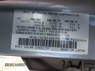 2011 Mazda 3 i Touring with VIN JM1BL1VG7B1480479, listed as a IAAI auction lot 41902041 with 59,905 mi miles and . Bid and sale history available at DreamBid. Image 9.