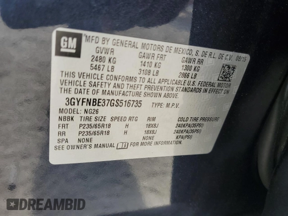 2016 Cadillac SRX Luxury Collection with VIN 3GYFNBE37GS516735, listed as a Copart auction lot 58193765 with 82,329 mi miles and Salvage title. Bid and sale history available at DreamBid. Image 13.